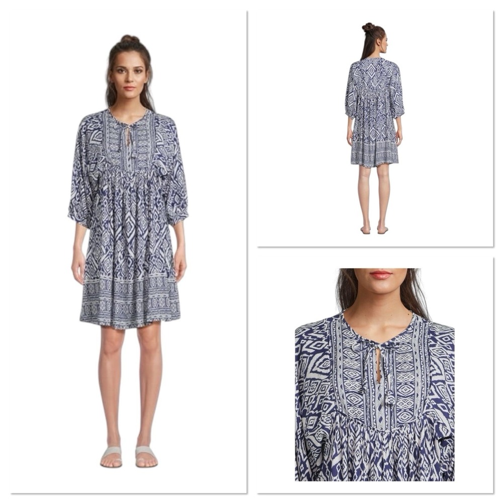 Beachlunchlounge Short Sleeve Tassle Mini Dress Women's Large Navy Blue Aztec